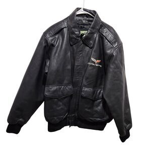 Burks Bay Corvette Leather Bomber Jacket Mens L Black Zip Logo USA